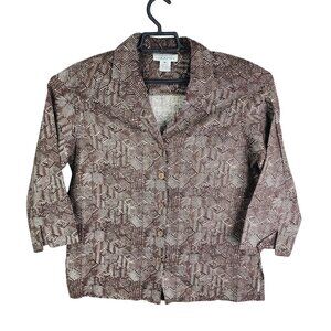 Womens Brown Jones New York Country Shirt 100% Linen Button Down 3/4 Sleeve M